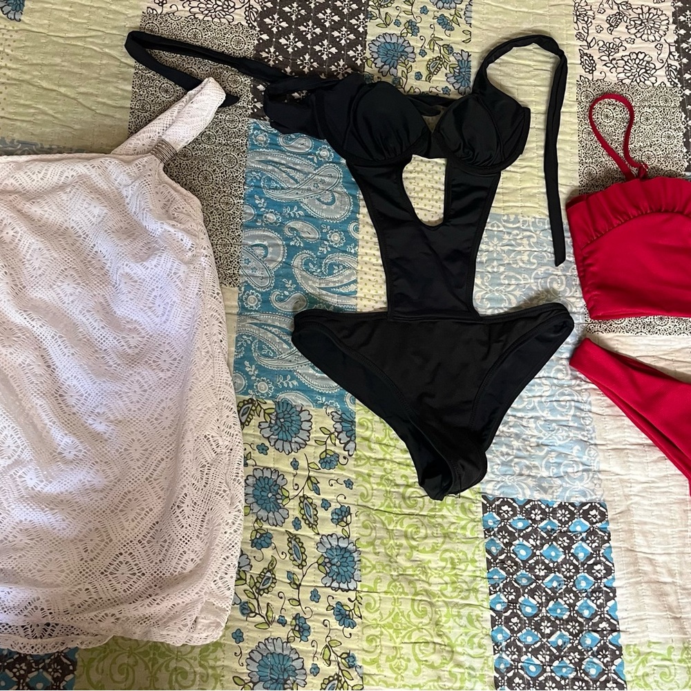 3 Swimsuits. white,  black, red bikini. $15 each or $35 for all. Size Medium